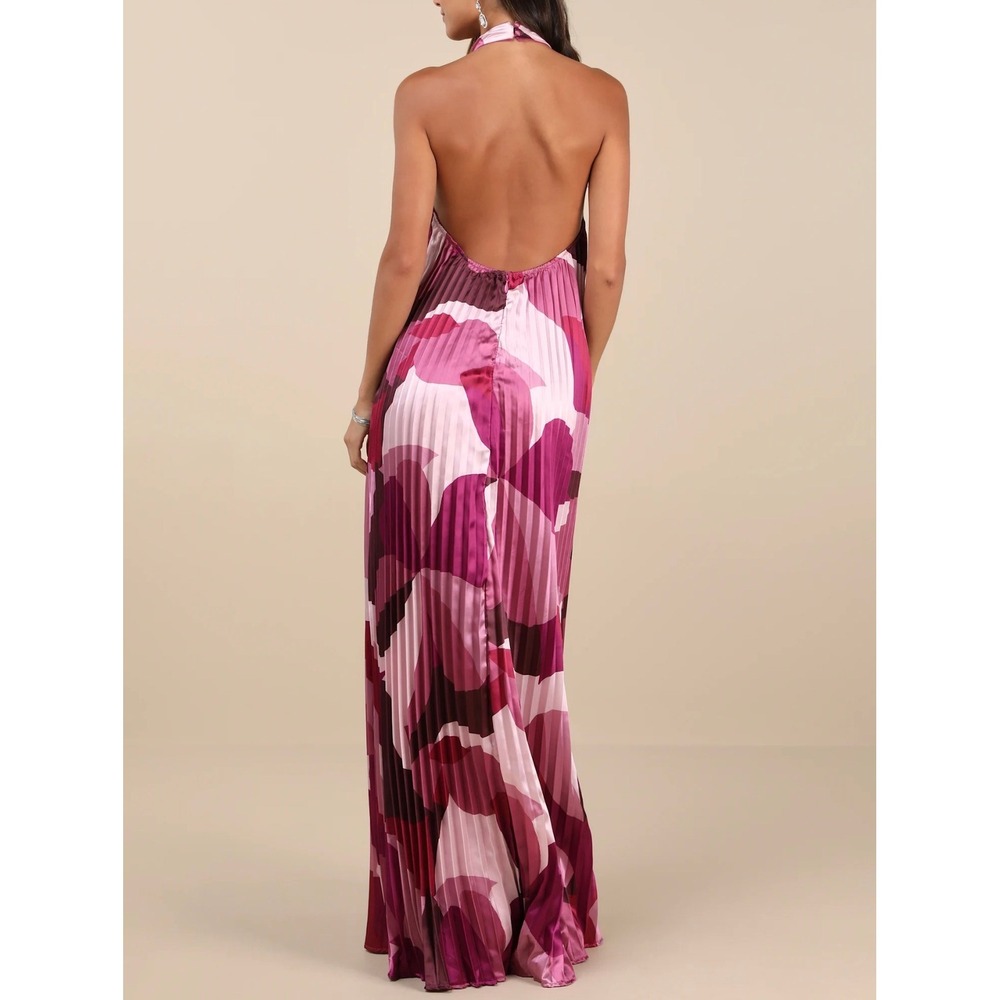 Lulus Prime Poise Pink Multi Abstract Satin Halter Pleated Maxi Dress XS 2865